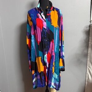 John Mark size Multicolor Abstract Button-Down Tunic - Blue, Purple, Red, Yellow